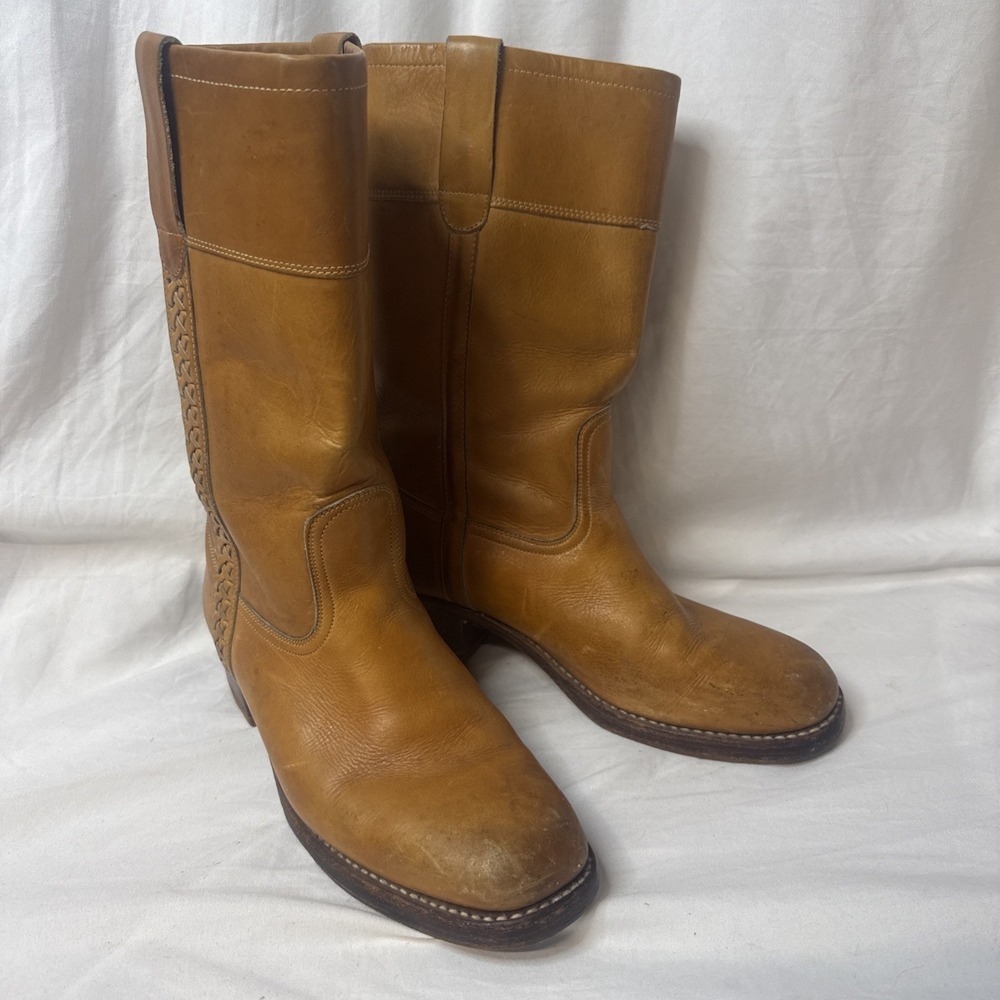 Vintage Father & Son Boots Mens 9.5 D Leather Camel Braid Brasil Cowboy 2" Heel